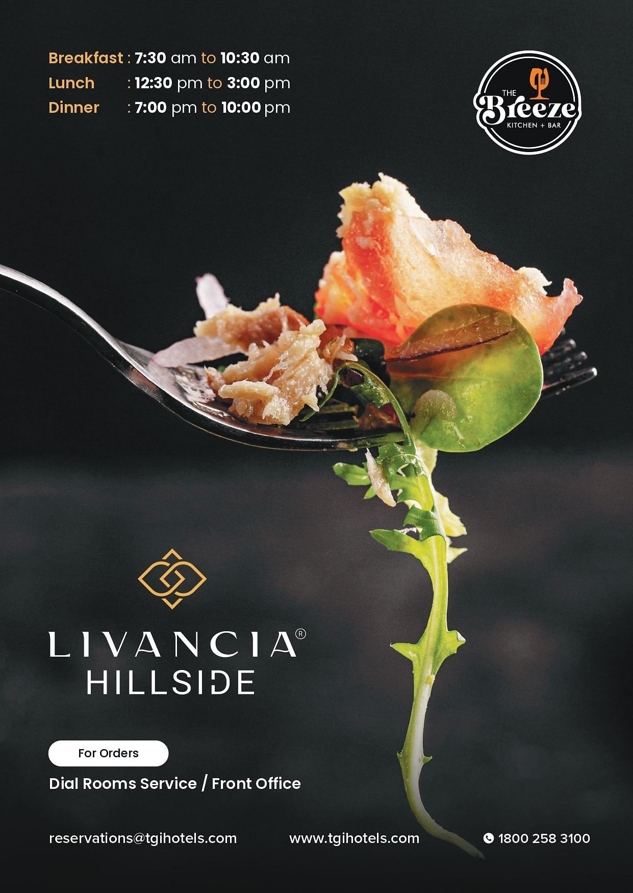 Back cover of room service menu of Livancia Hillside displays a fork with artfully arranged food, along with their breakfast, lunch, and dinner timings