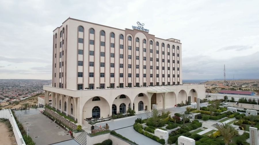 The facade of Serene Sarovar Premiere Hargeisa captured from side angle using a drone - Serene Sarovar Premiere Hargeisa
