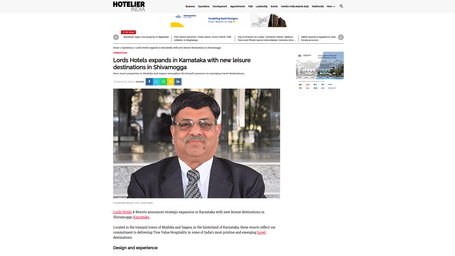 An article by Hotelier India showcasing about Lords Hotels & Resorts Expands in Karnataka with Resorts in Shivamogga.