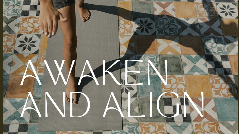 A person stretching their arm and leg during yoga and over it Awaken and Align is written