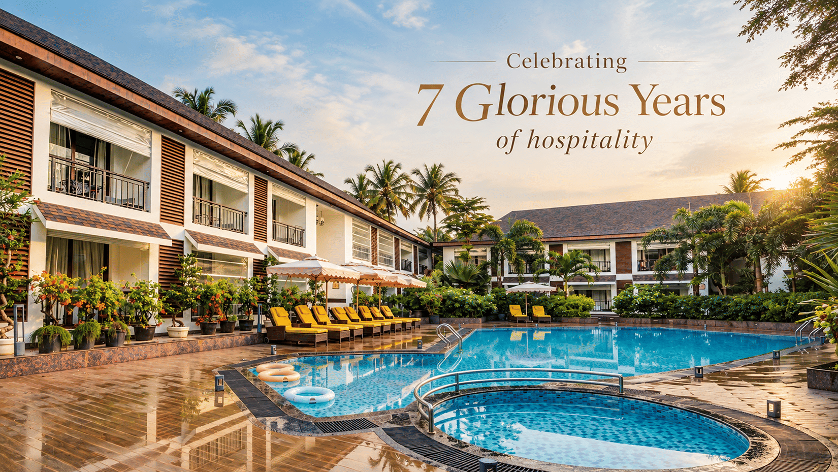 A promotional poster for Sobit Sarovar Portico, Goa, featuring the resort pool, surrounding buildings, tropical landscaping, and a celebration of 7 glorious years of hospitality.