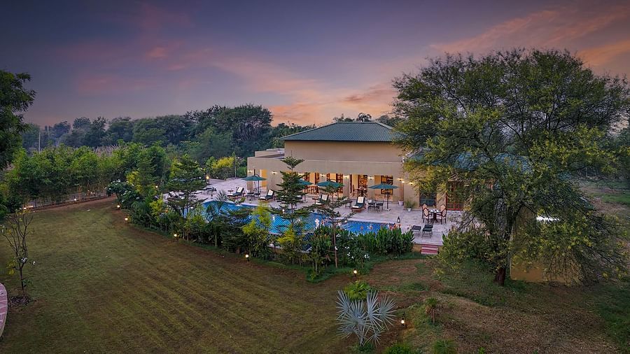 An elevated shot of a luxurious resort property featuring a winding swimming pool, surrounded by trees and manicured lawns, under a colourful evening sky - Singhvilas, Ranthambore