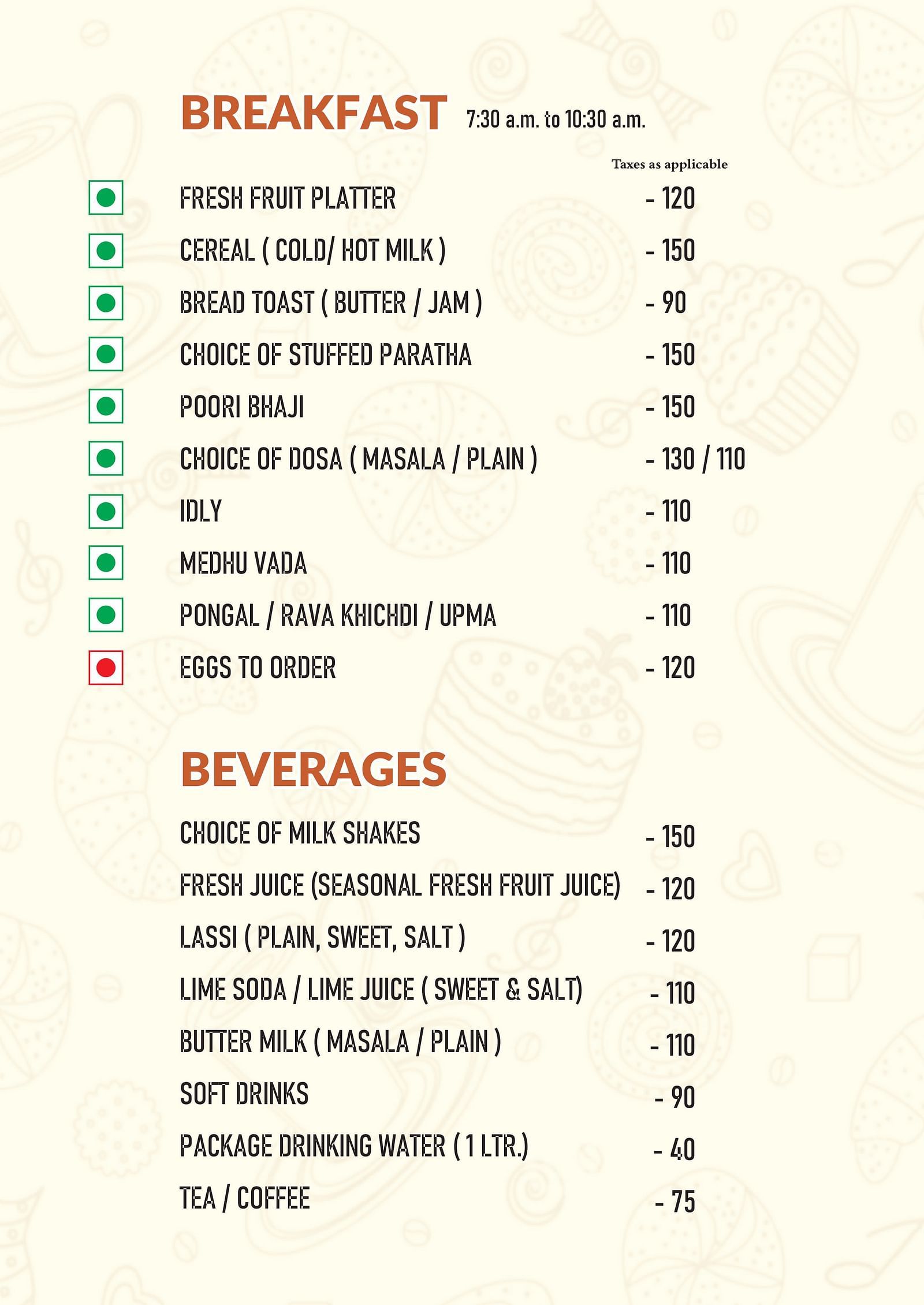 Menu featuring dishes under breakfast and soft beverages