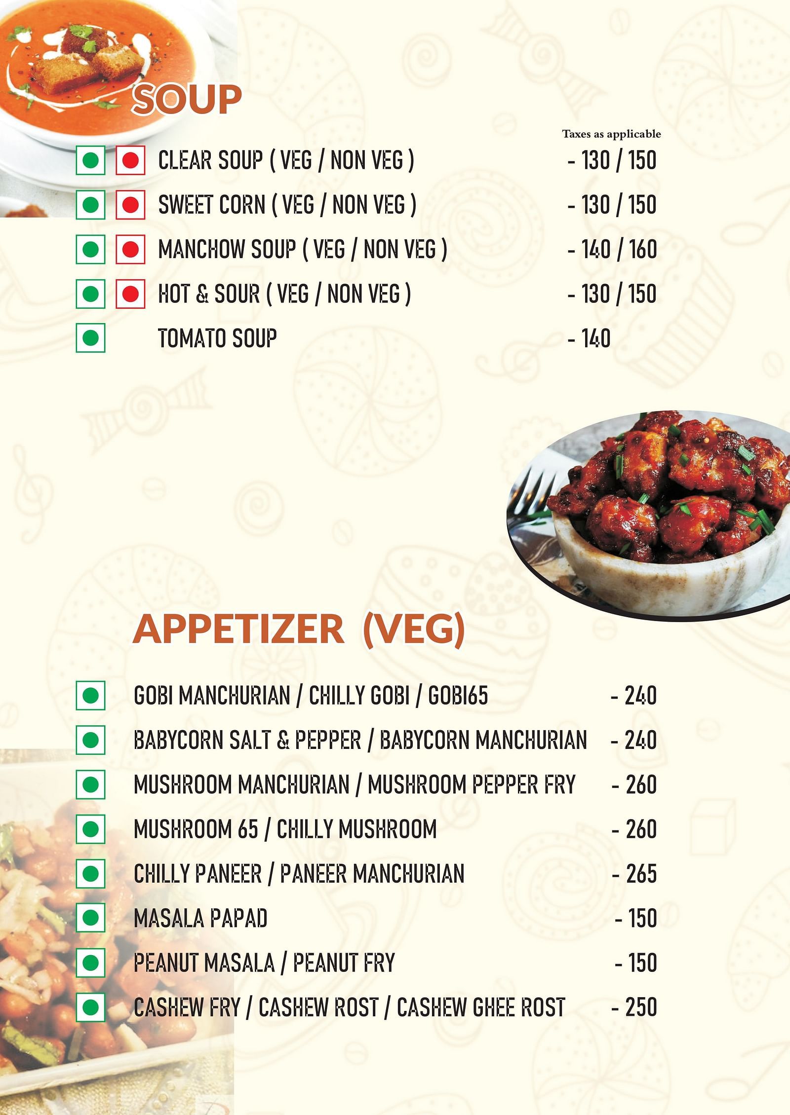 Menu listing down the dishes under soup and veg appetizer