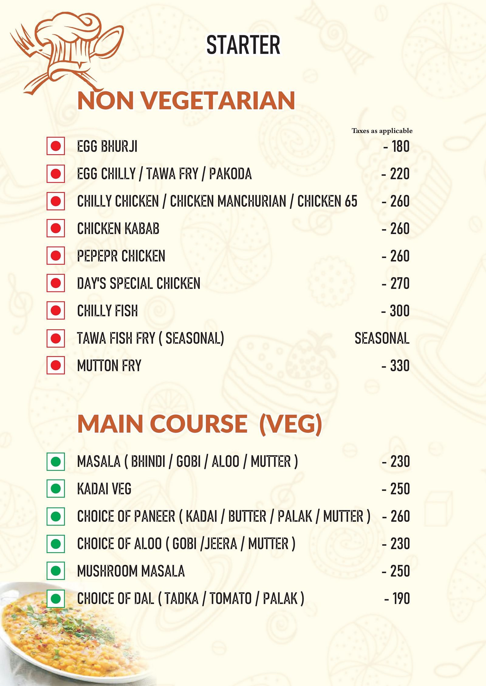 Menu featuring starters under non-veg and veg main course