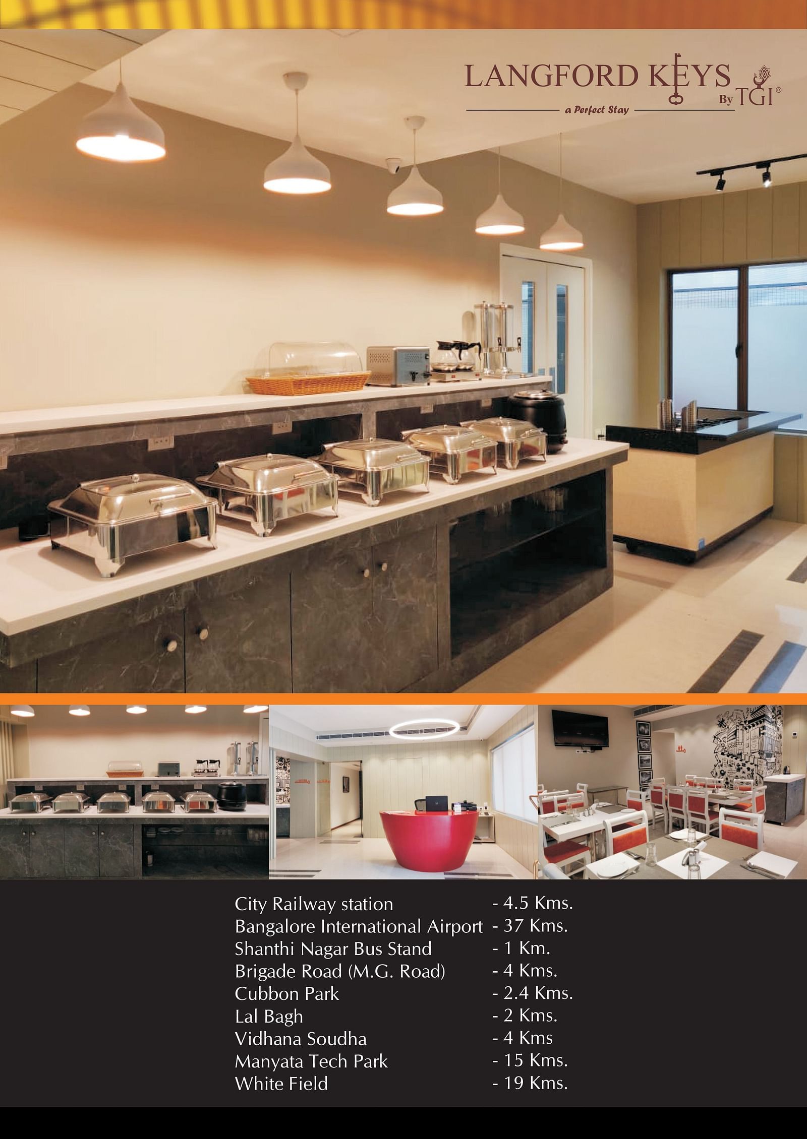 Image featuring the banquet space and dining area of the restaurant as well as the reception desk and distance from different places in Bangalore to the property