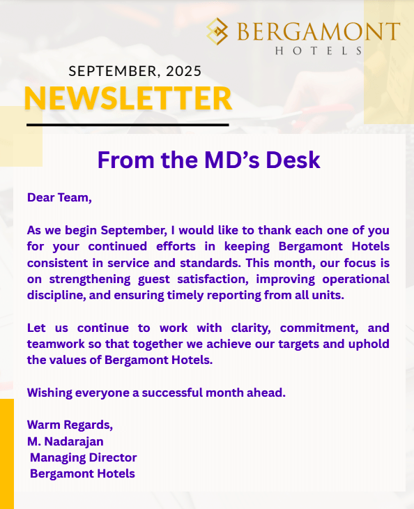 Bergamont Hotels newsletter, September 2025, with a yellow-themed header and message from the MDs desk.