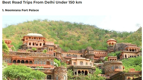 Image of Neemrana Fort-Palace, Alwar with text highlighting it as a popular heritage getaway near Delhi, known for its historic charm, luxury stay, and scenic hillside setting.