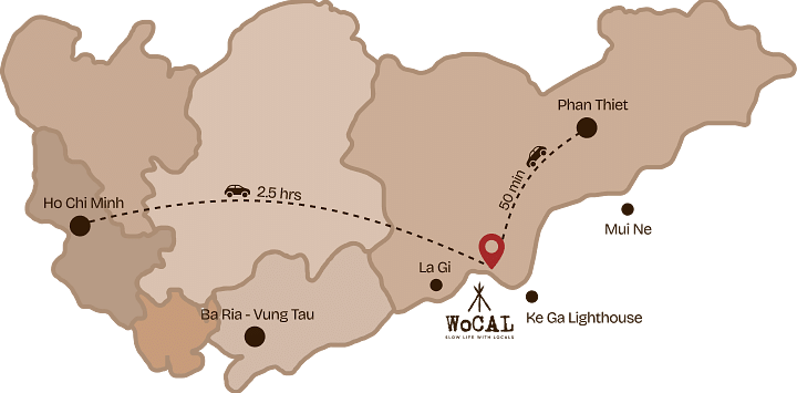 An illustration of a map showing WoCAL and its proximity to nearby cities