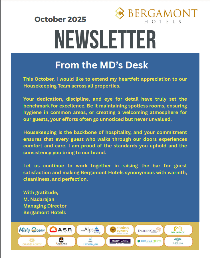 Bergamont Hotels newsletter, October 2025, blue section titled - From the MDs Desk sharing key updates and notices.