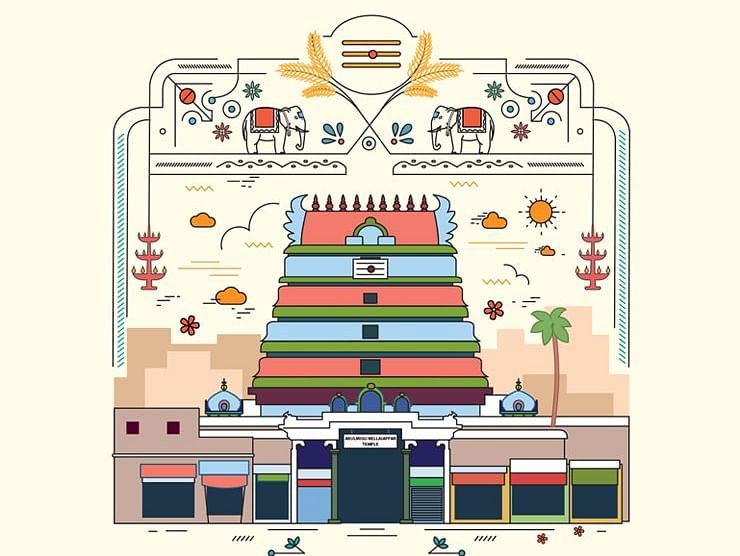 Illustration depicting a vibrant Indian festival with colourful decorations.