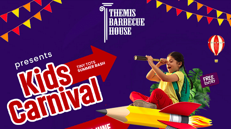 Kids Carnival at Themis Barbecue House, NSP Pitampura featuring a child riding a pencil rocket, with vibrant bunting flags, tropical leaves, and a hot air balloon. Event dates - 1st June to 30th June. The Text highlights Tiny Tots Summer Bash and Free Entr