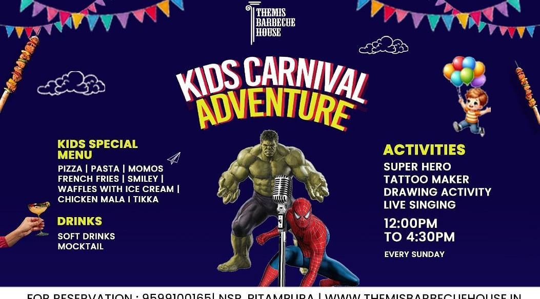 Kids Carnival Adventure showing cartoon characters and decorations Event details include kids special menu games and activities like tattoo making and hoopla happening from 12 PM to 630 PM with food and drinks mentioned at the bottom.
