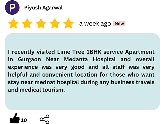 Lime tree 402 has been a home to us for the past 1 month. Its location is very near to Medanta. It takes 10 minutes walking. The service here is excellent. The rooms are kept in sparkling clean. A (3)