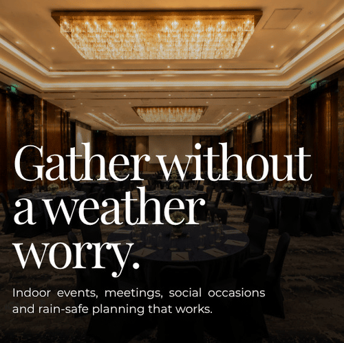 A promotional creative for the Pride Group of Hotels showcases text about indoor event planning and a banquet hall setup.