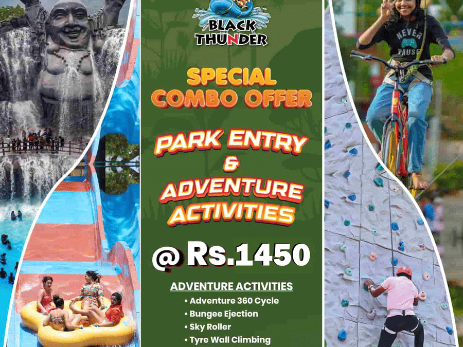 Promotional advertisement for Black Thunder theme park showcasing adventure activities including water slides, raft rides, zip cycle, wall climbing, and a special combo offer.