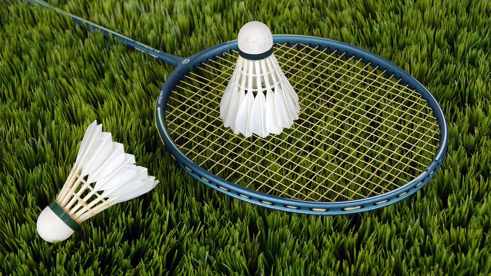 A badminton racket and two shuttle cocks lying on grass