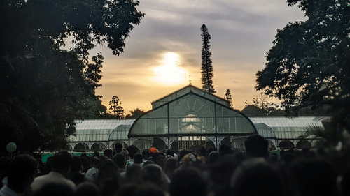 A far out view of the glasshouse inside lalbagh botanical garden