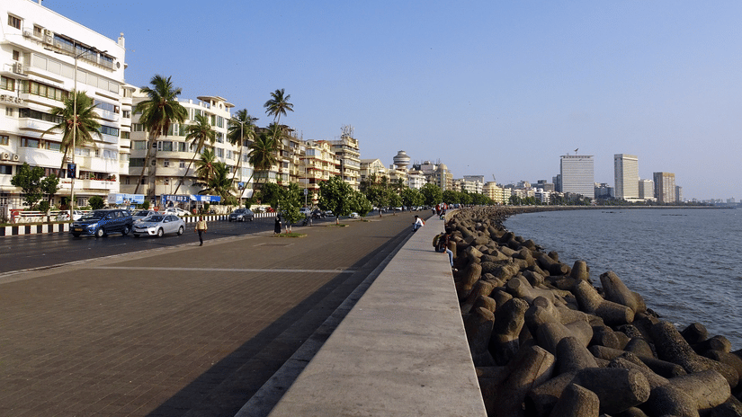 A scenic coastal road lined with buildings, palm trees, and a concrete promenade with tetrapods along the sea.