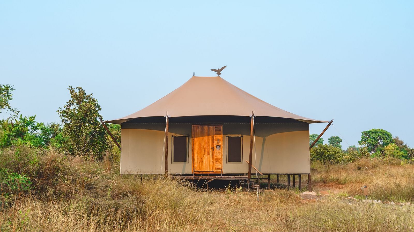 View of a hut during a clear evening amongst greenery at Trees N Tigers, Tadoba.