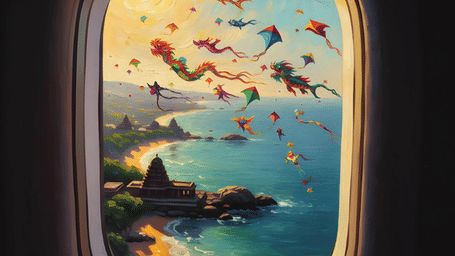 Coastal landscape and birds viewed through a rounded travel window