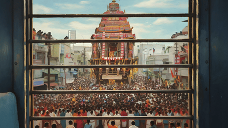 Temple view through a train window with people gathered below