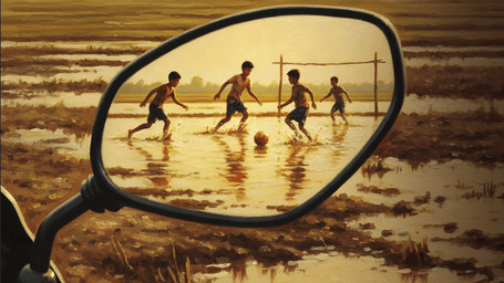 Reflection of people playing through a village landscape in a vehicle side mirror