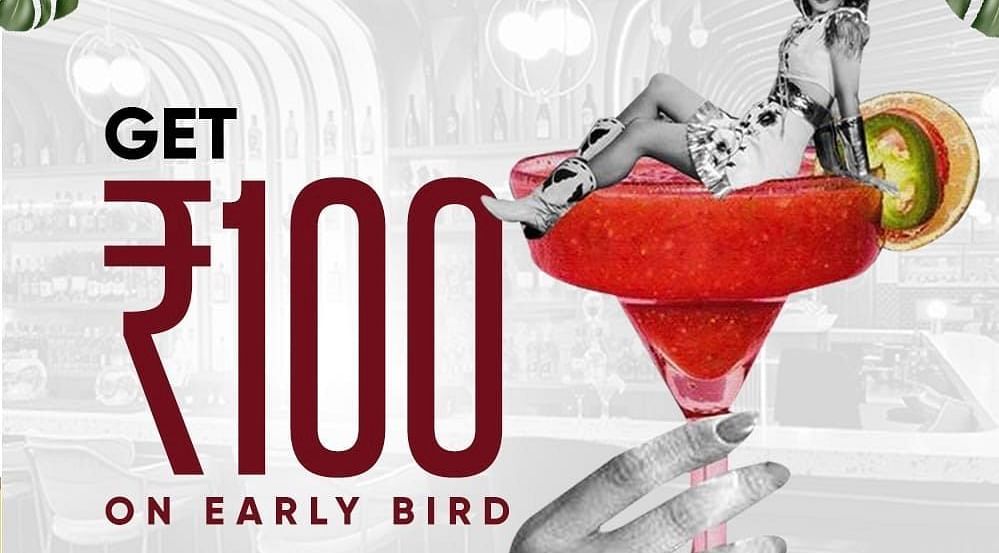 A creative image of early bird offer advertising 100 rupees off during lunch and dinner at Themis Barbecue House, NSP Pitampura