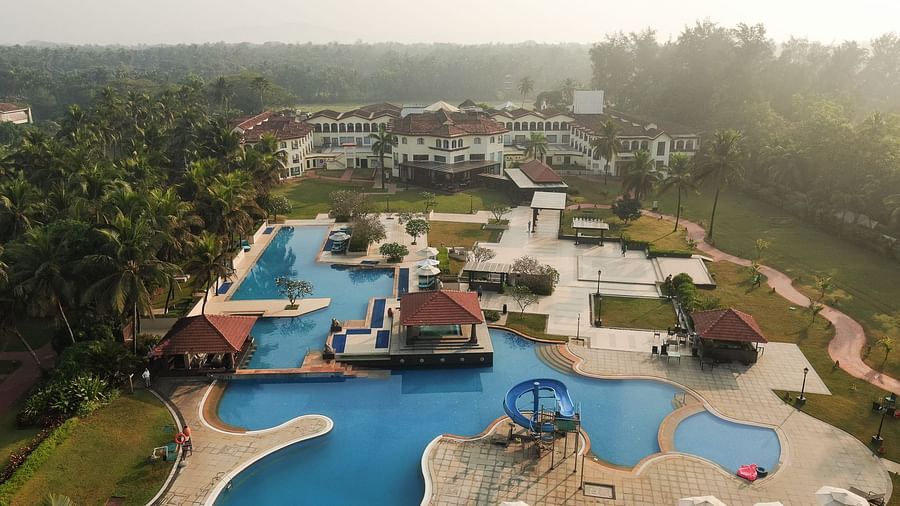A breathtaking aerial view of the resort in South Goa with swimming pool
