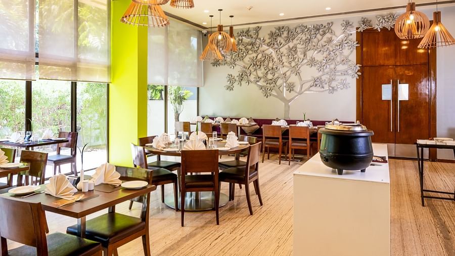 A long shot of the Mehak restaurant at Marasa Sarovar Portico, Rajkot 