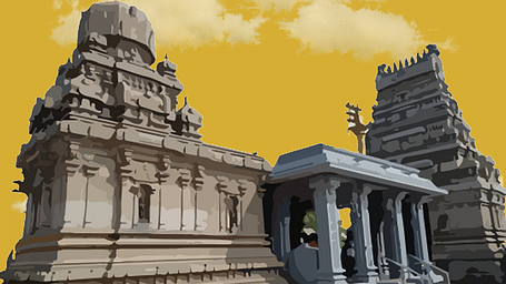 Ornate stone structure of Yathothkari Perumal Temple with detailed carvings and calm presence.