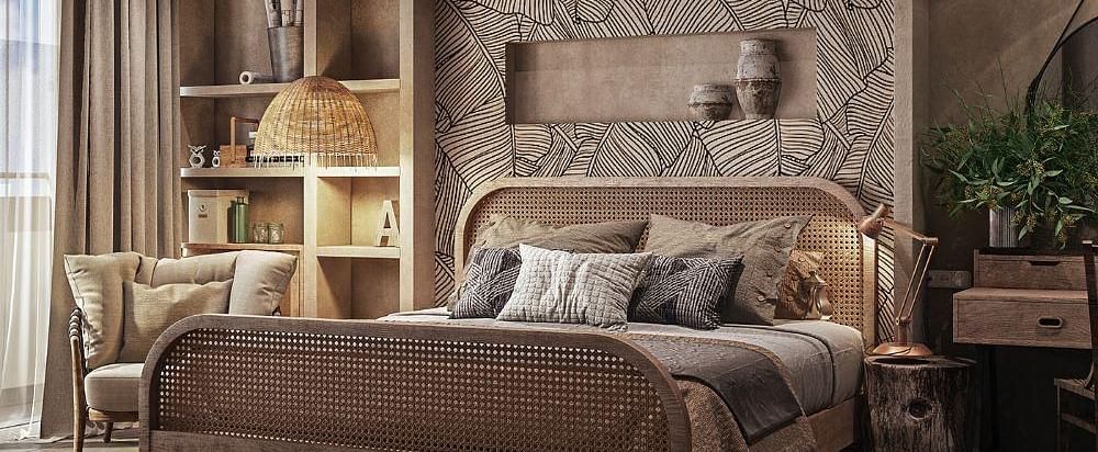 A room featuring a large bed with a small shelf above the headboard and another shelf beside the bed at The Evren, Vagator.