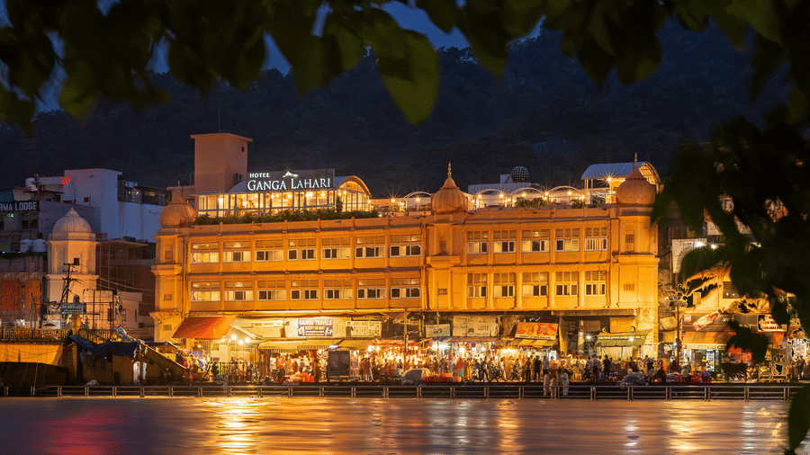 Facade Night View with lights illuminating the hotel - Ganga Lahari, Haridwar