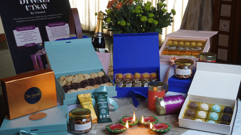 Curated welcome amenities and gift hampers arranged beautifully at The Ummed Ahmedabad for a premium guest experience.