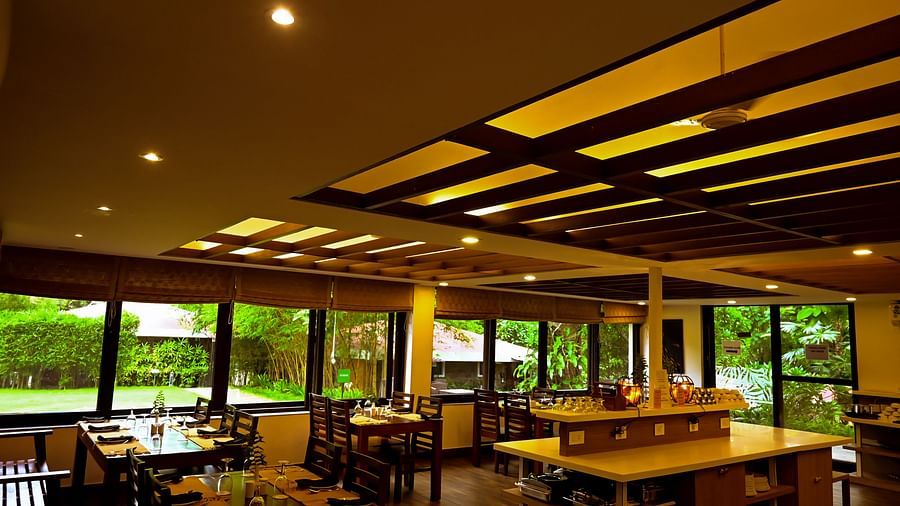 A full view of Restaurant with comfortable seating area with dim lights