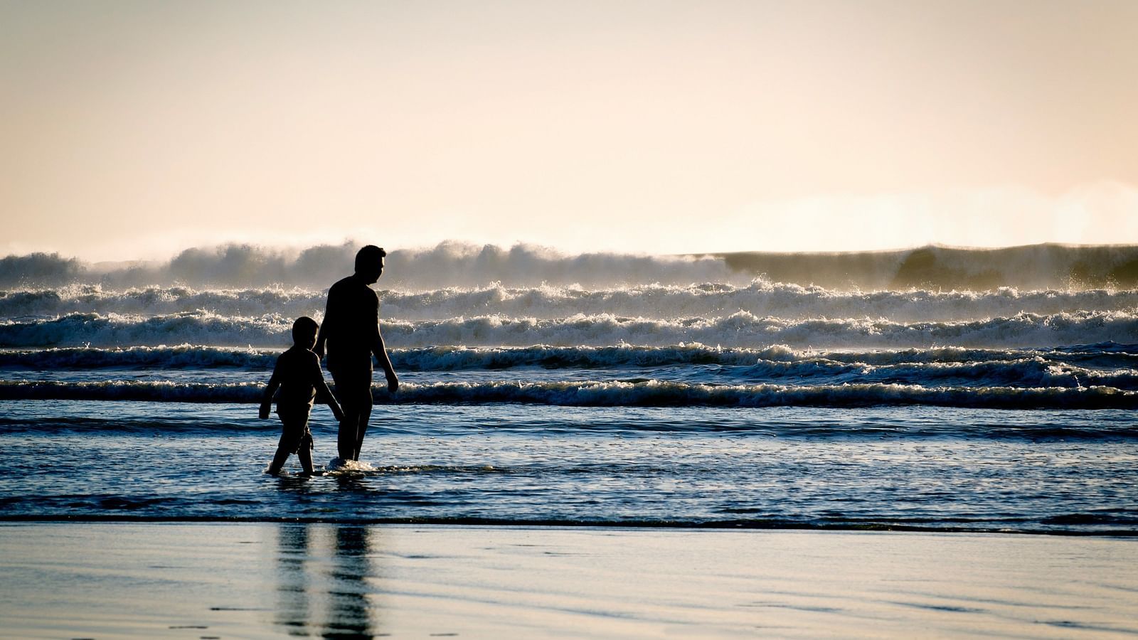 Two people strolling along the shore with ocean waves in the background