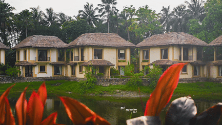 Row of thatched-roof Lake View Villas at Vedic Village Spa Resort with balconies facing the lake and ducks swimming in the water.