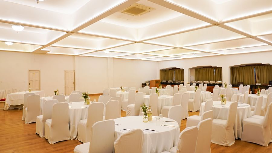 Seating arrangement in a banquet hall at Saraca Hotel, Lucknow