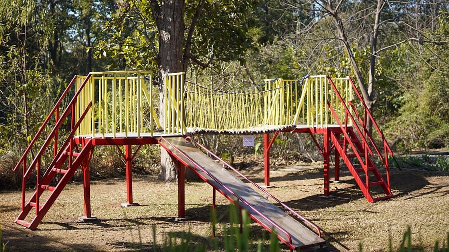 A slide in the Kids Play Area at Saraca Resort & Spa Corbett with trees in the backdrop