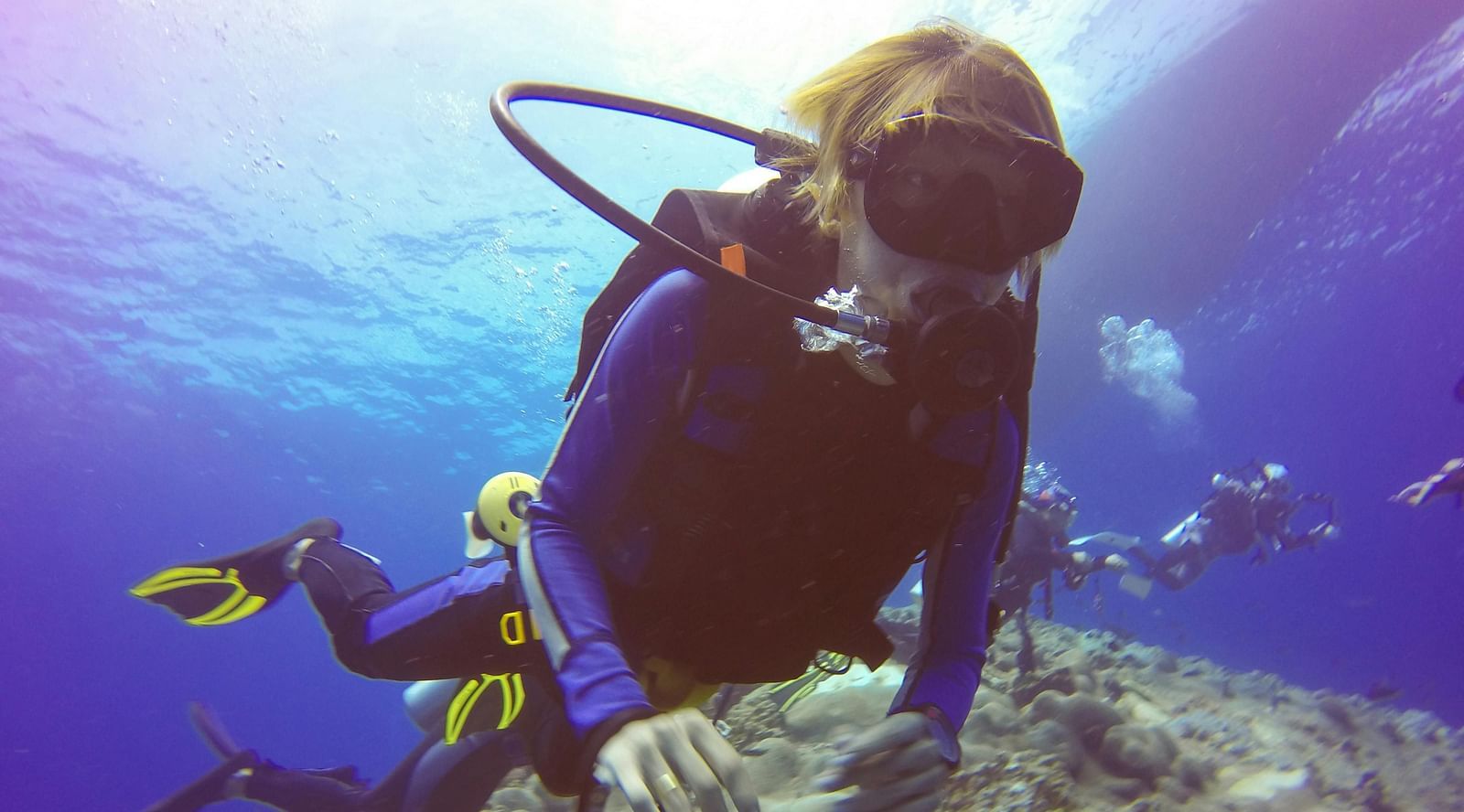 A scuba diver exploring a vibrant coral reef, surrounded by colorful fish and marine life.