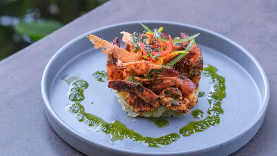 A plate of Grilled Prawns with Mashed Potato | Mango Hill, Pondicherry