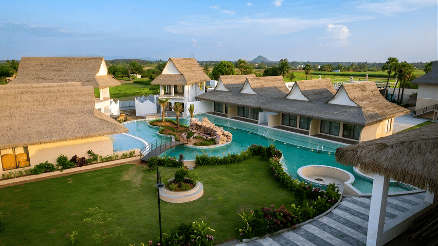 An elevated view shows thatched-roof villas surrounding a large, turquoise swimming pool and green lawns at Avanya Resorts N Retreat.