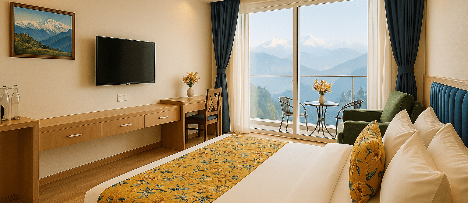 Side view of King Executive View Room With Balcony featuring a cosy bed, wall-mounted TV, and a large window at Summit Norling Resort & Spa, Gangtok