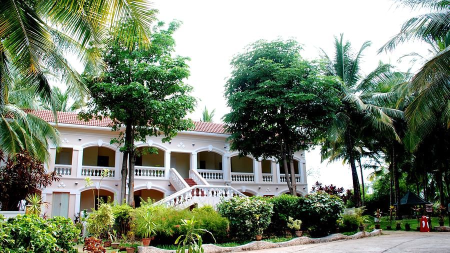 facade image of the resort with a few trees covering the front