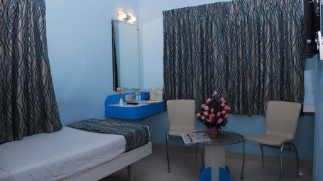 A budget-friendly single hotel room featuring a single bed, small seating area with 2 chairs, and blue walls - Hotel Pandian