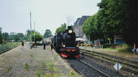  A vintage-style steam train on a railway track with greenery around.