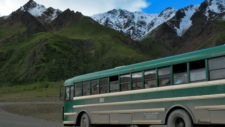 A green-coloured bus passing through a road with green and snow-peaked mountains in the background.
