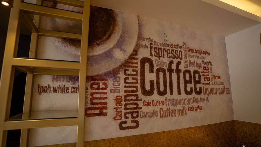 Wall painted with a coffee-themed design alongside a coffee cup