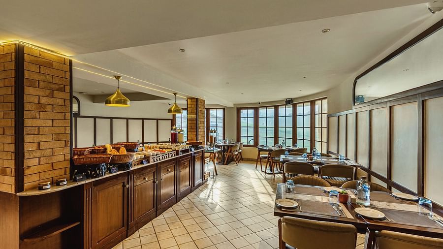 Spacious buffet spread at Mango Hill Shola, Ooty with multiple food stations, warm lighting, and a sleek tiled floor.