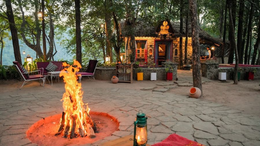 A bonfire in a clearing surrounded by trees, with hanging lanterns, nighttime setting.